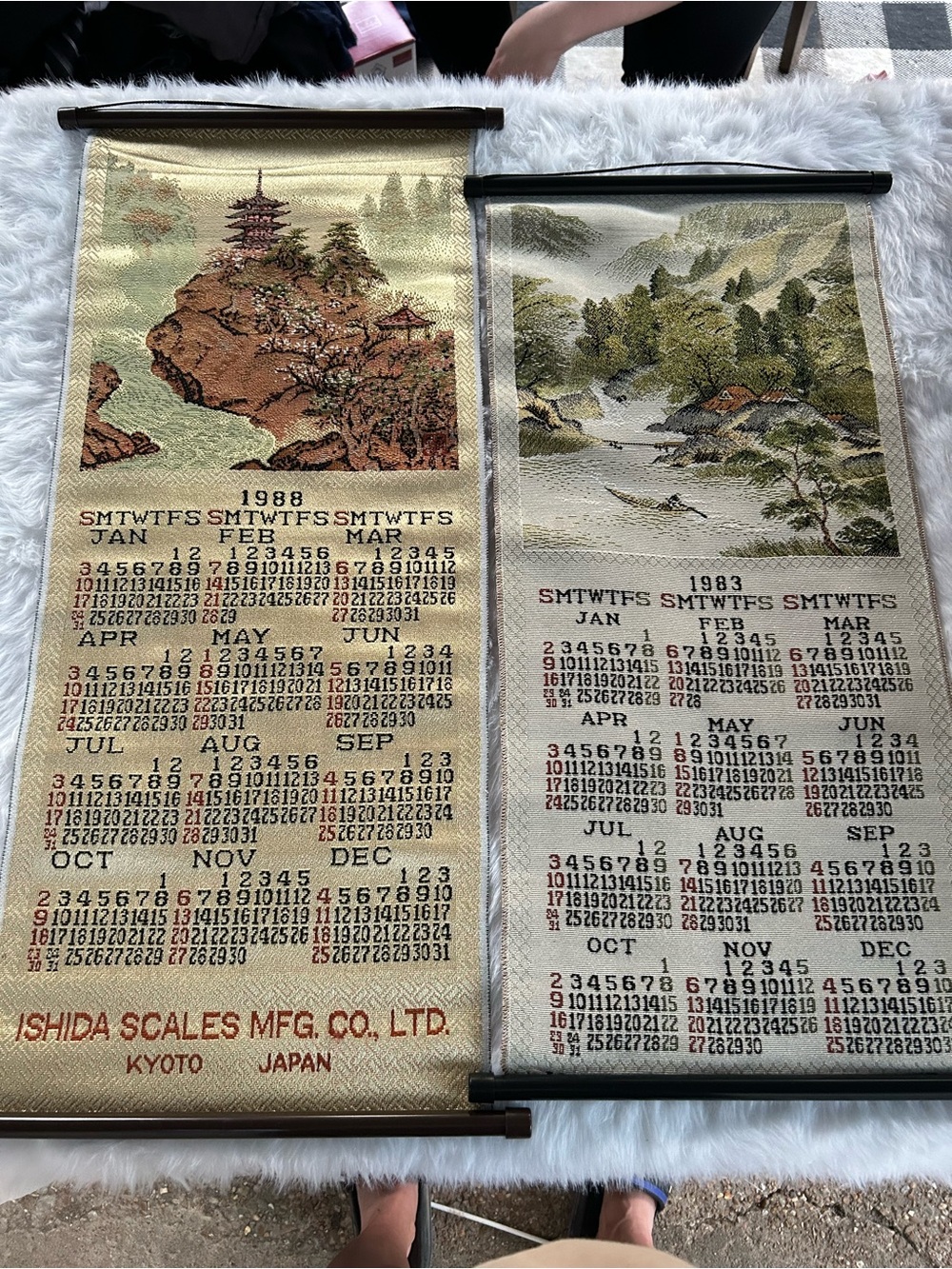 Vintage Ishida Scales Japan Silk Brocade Tapestry Calendar 1983 & 1988 Lot
